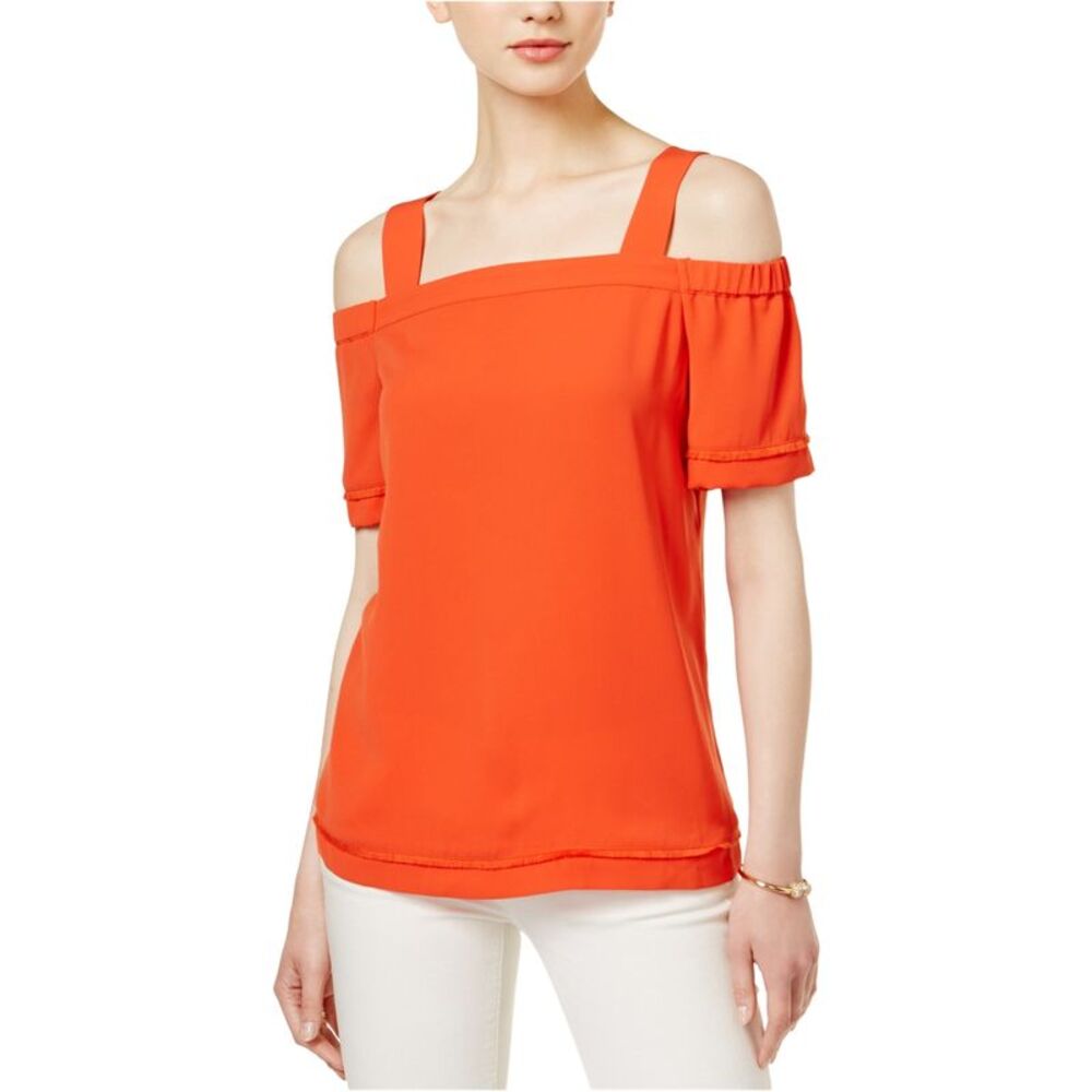 bar III Womens Fringed Trim Knit Blouse, Orange, M, DM